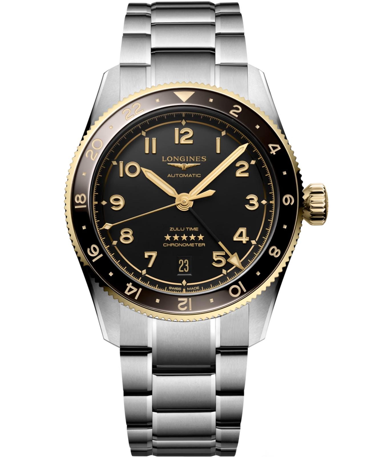 Longines Longines Spirit L3.802.5.53.6  L38025536 механические мужские часы черный циферблат, браслет нержавеющая сталь — вид спереди